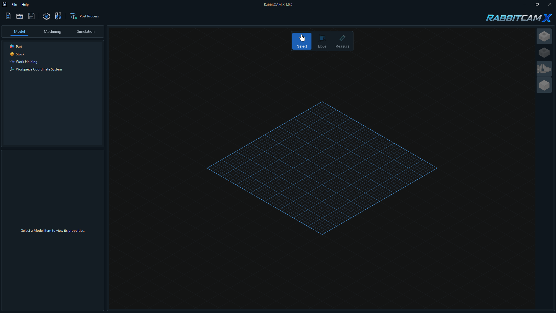 RabbitCAM X workspace with the Model tab selected before loading a CAD file.