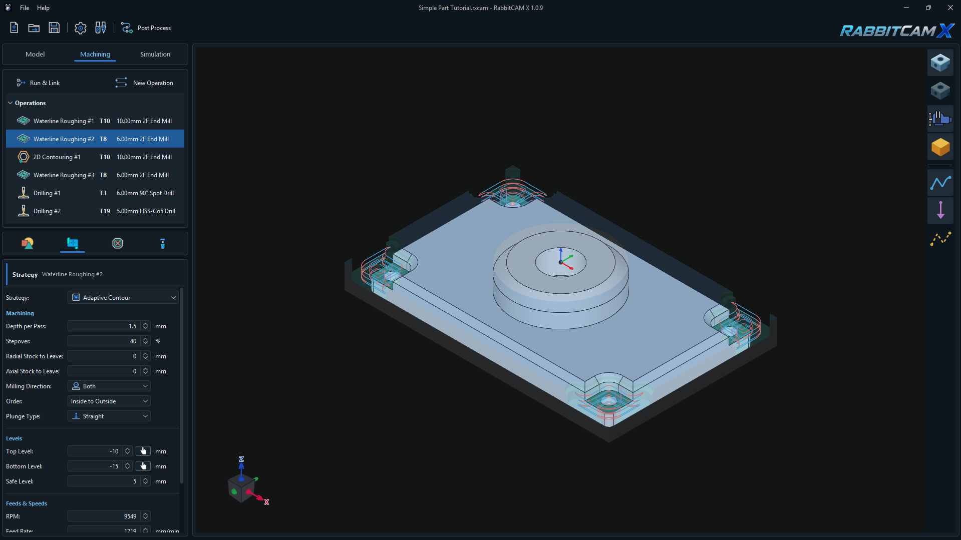 RabbitCAM X Machining tab showing the operations list, Waterline Roughing strategy settings, and calculated toolpaths around the part.