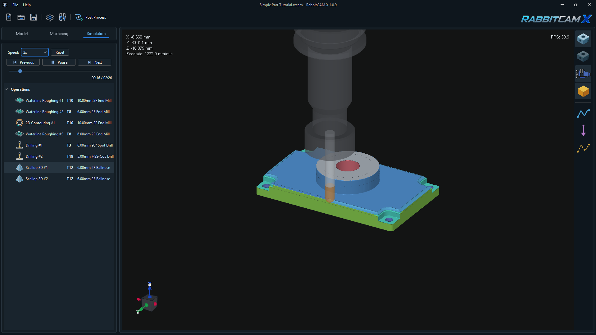 RabbitCAM X Simulation tab showing playback controls, the operations list, a simulated cutting tool, and the partially machined stock.