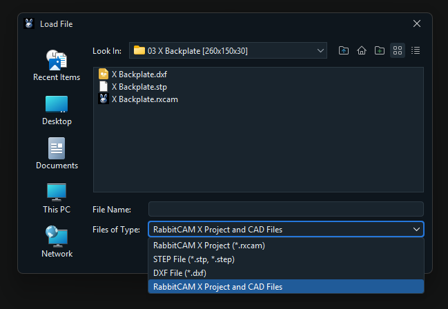 RabbitCAM X Load File dialog showing the STEP, DXF, RabbitCAM X Project, and combined file filters.