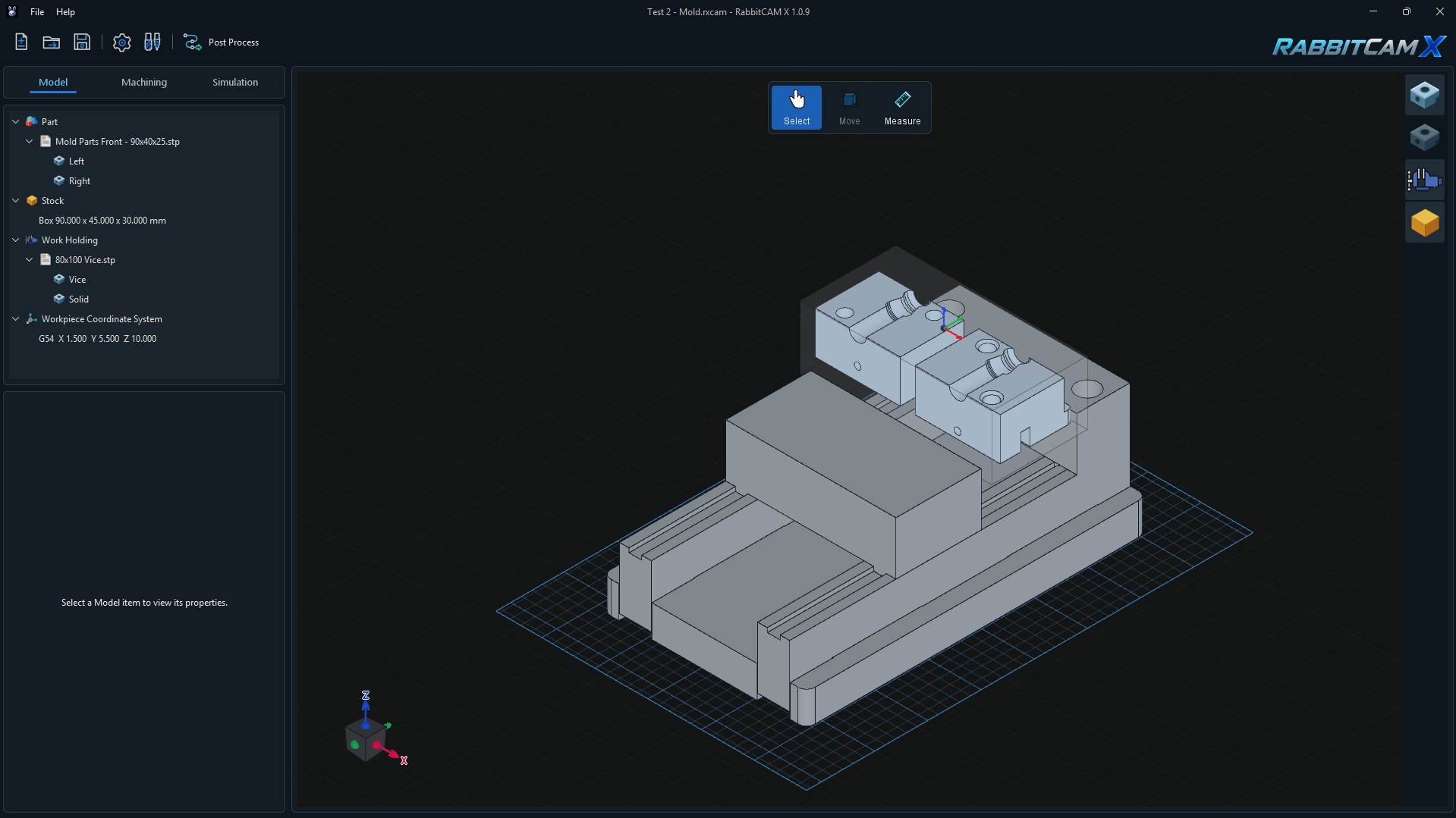 RabbitCAM X Model tab showing two mold components in a vise, with 80x100 Vice.stp and its solids listed under Work Holding.