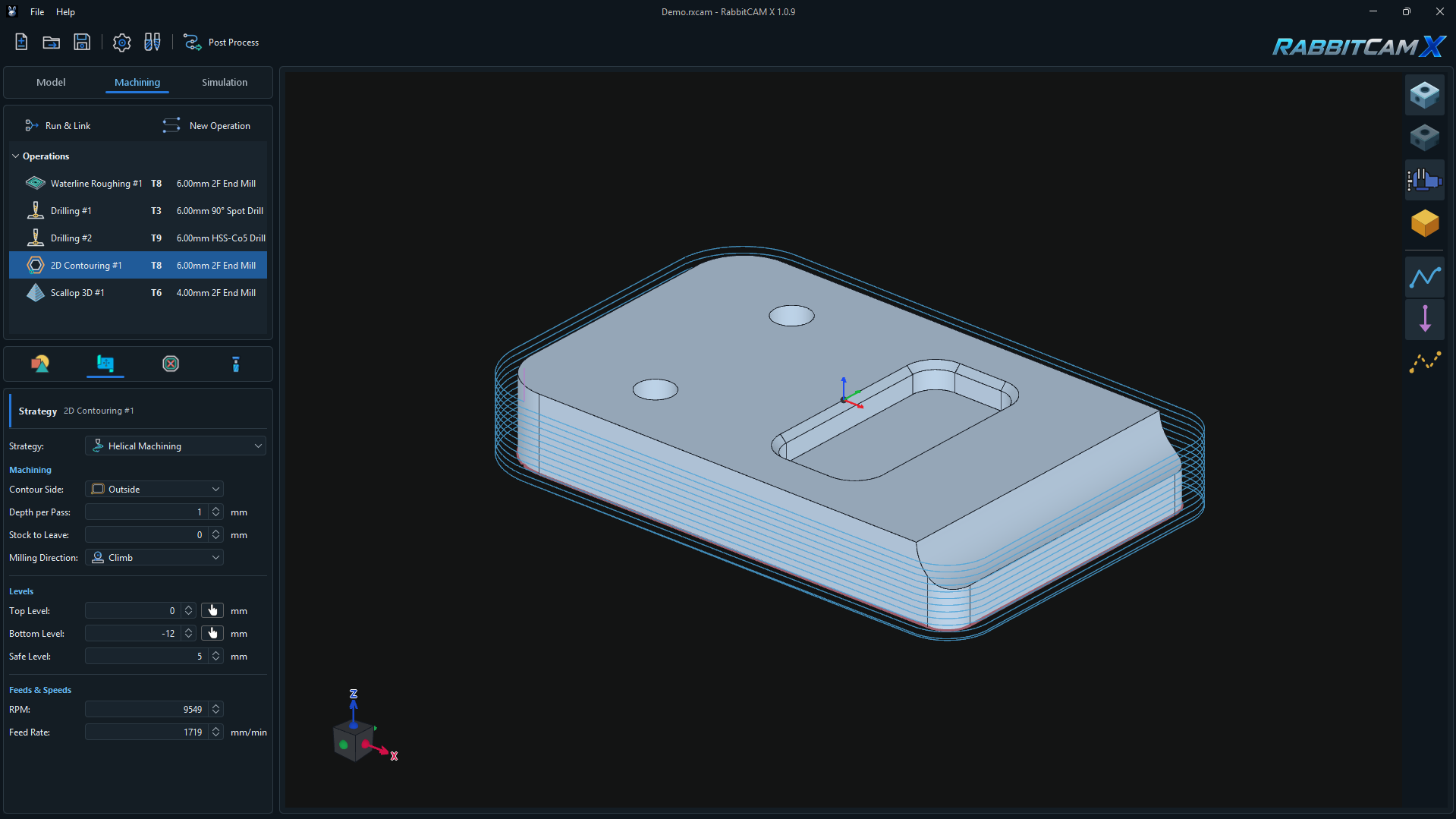 RabbitCAM X 2D Contouring operation with an outside helical toolpath, a 6 mm end mill, 1 mm Depth per Pass, Top Level 0 mm, Bottom Level -12 mm, and Safe Level 5 mm.