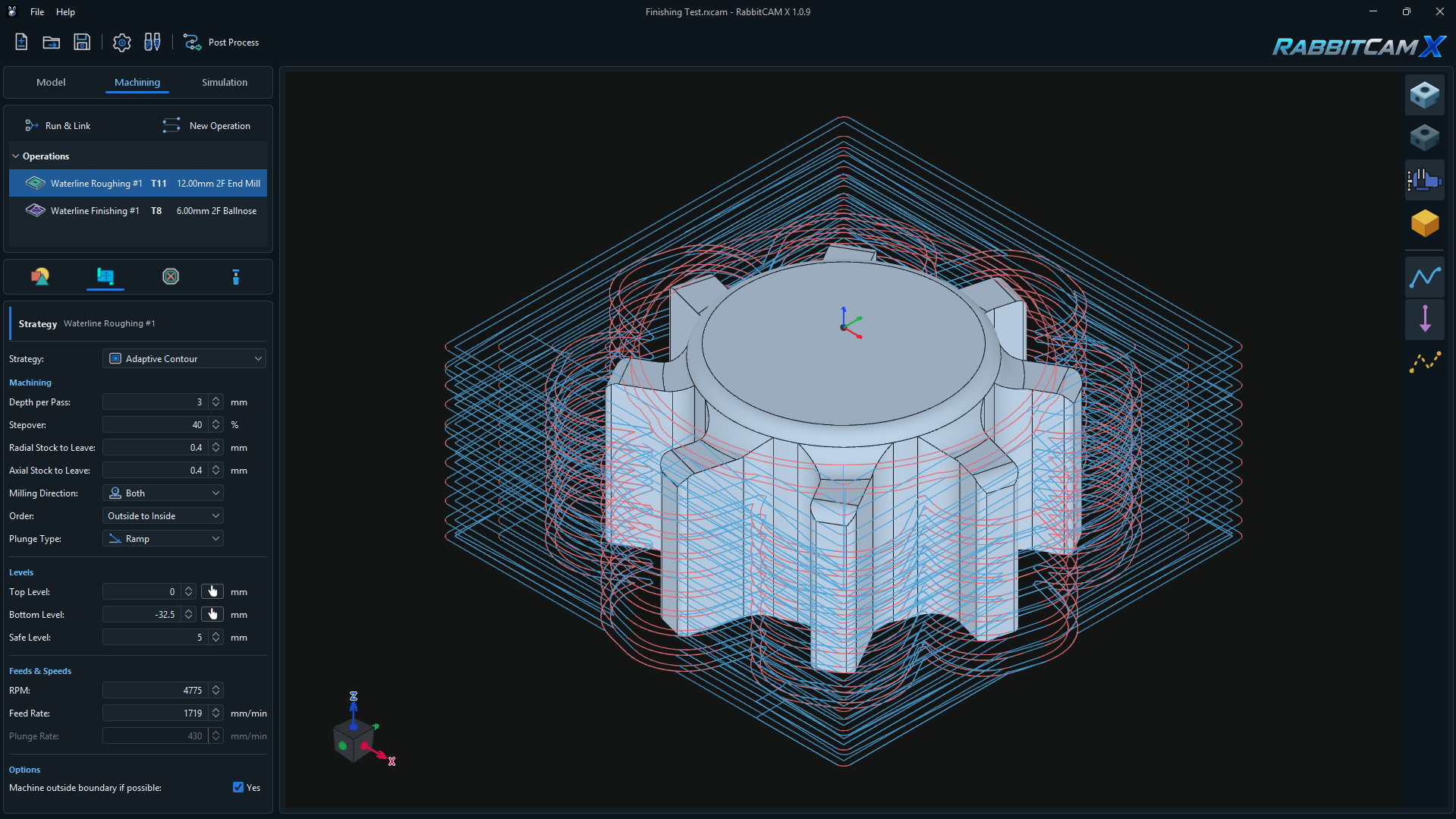 RabbitCAM X Waterline Roughing with Adaptive Contour, a 12 mm end mill, 3 mm Depth per Pass, 40% Stepover, 0.4 mm radial and axial allowances, and Ramp entry.